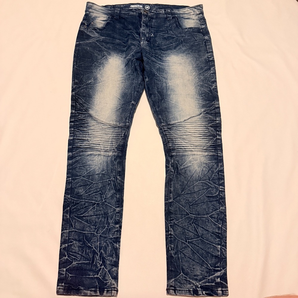 Mecca Jeans Mens 36 Blue Acid Wash Moto Ribbed Crinkle Stretch Denim Pants